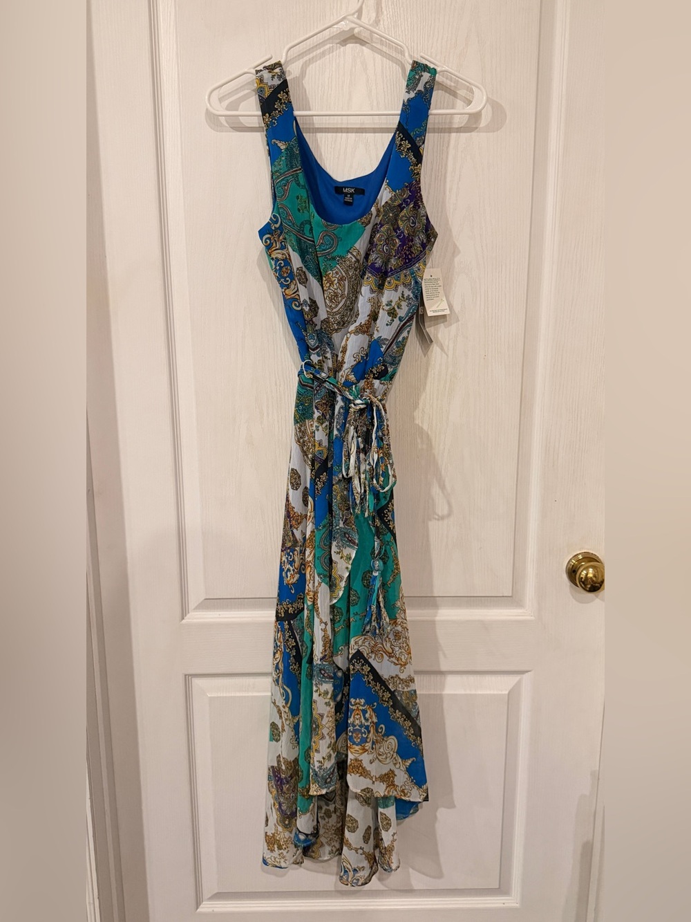 NWT MSK Blue, Teal & White Paisley Tie-Waist Maxi Dress